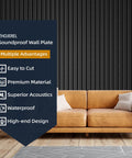 Room with sofa and black wall of Beefy 5 Pack Self Adhesive Sound Proof Foam Panels For Walls, Large 47.2 By 23.6 Inches, Ultra Dense Acoustic Panels