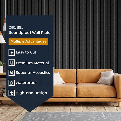 Room with sofa and black wall of Beefy 5 Pack Self Adhesive Sound Proof Foam Panels For Walls, Large 47.2 By 23.6 Inches, Ultra Dense Acoustic Panels