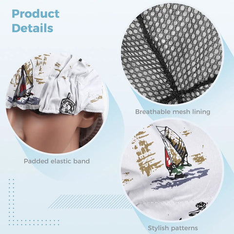 Image showing Four Pack Cotton Welding Cap Set With Sweat Absorbing Mesh Liner, detailed views of elastic band, mesh liner, and patterns.