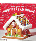 EZ Build Gingerbread House Kit With Prebaked Pieces White Icing And Festive Candy box front view with gingerbread house display