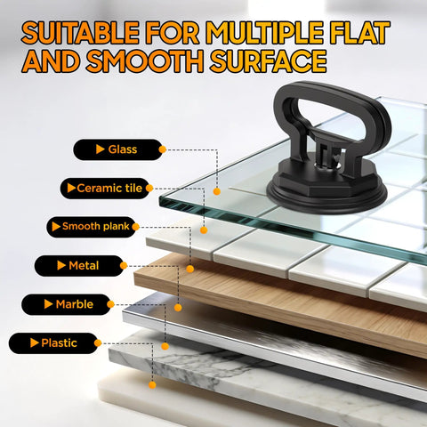 Professional Grade Heavy Duty Glass Suction Cup Lifter Vacuum Grip Handle Two Pack on various flat surfaces including glass and tile.