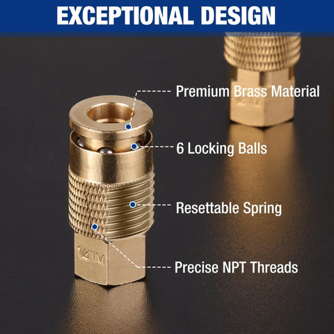 Close-up of Pro Grade 16 Piece One Quarter Inch NPT Air Hose Fitting Kit with brass quick connect showing premium design features.