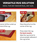 Instructional steps for using Rug Corner Grippers Four Pack That Keeps Rugs Flat And In Place, No More Curling in a room.