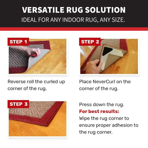 Instructional steps for using Rug Corner Grippers Four Pack That Keeps Rugs Flat And In Place, No More Curling in a room.