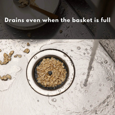 3.25 Inch Kitchen Sink Strainer Anti Clog Food Catcher With Flexible Drain Basket capturing oats, water flowing, gray color