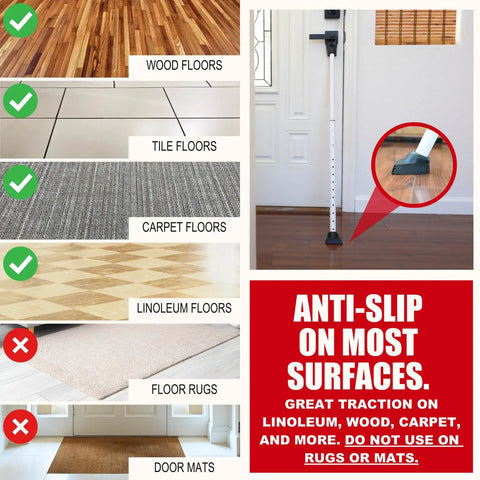 3 In 1 Door Security Bar And Barricade For Home Apartment Or Travel shown on wood floor, tile, carpet, and linoleum surfaces.