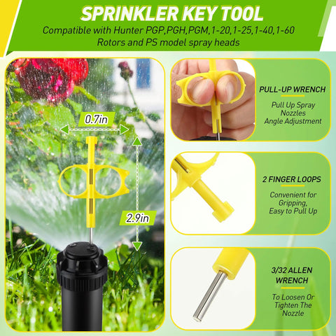4 Pack Sprinkler Key And Adjustment Tool Kit For Rain Bird 5000 And Hunter PGP Heads with detailed yellow wrench features.