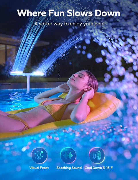 Woman relaxing on a pool float with Solar Pool Fountain With 10 Color LED Lights, Auto Dusk Sensor And Timer, lit night glow.
