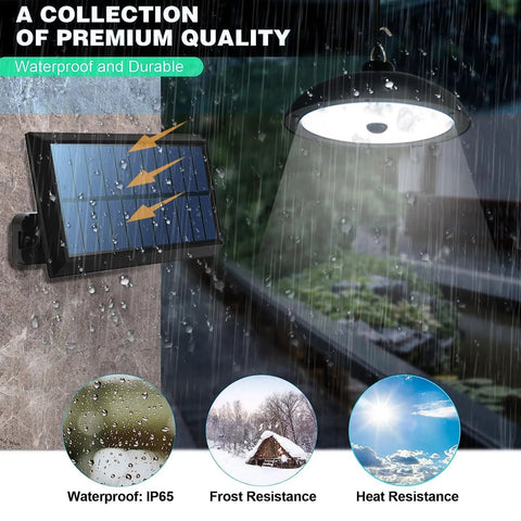 Solar Pendant Lights Dual Head 78 LED 900LM Motion Sensor, IP65 Waterproof, shown under rain highlighting durable design.