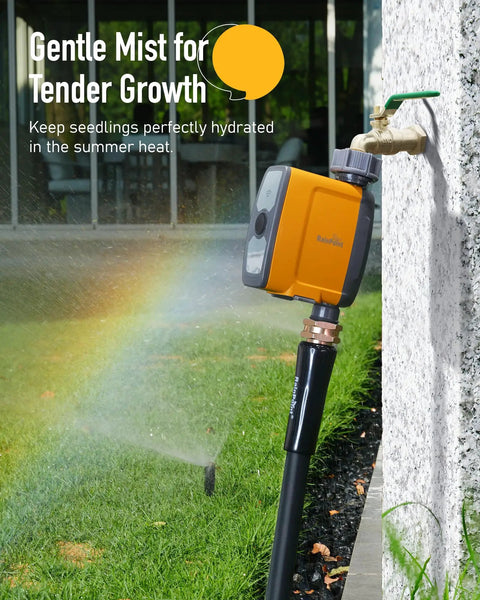 WiFi Water Timer For Garden Hose With App And Voice Control attached to outdoor faucet spraying water