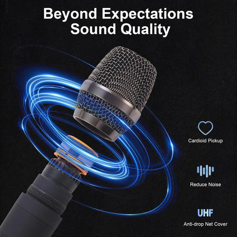 Close-up of microphone from Beast 4 Channel DJ Mixer With Dual Wireless Microphones Bluetooth MP3 Player USB Interface 48V Phantom Power Karaoke Home Party Sound Console For Live DJing And Studio Sessions showing anti-drop net cover.