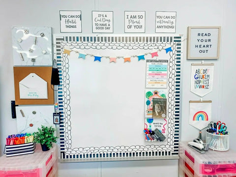 Decorative classroom bulletin board with colorful garland and inspirational quotes