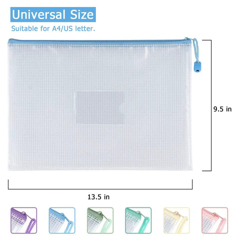 Universal size mesh pouch from Six Pack Mesh Zipper Pouches With Label Pockets In Six Colors Pink Yellow Green Khaki Blue Purple