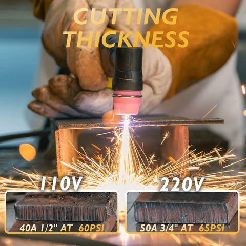 Plasma Cutter With Non Touch Pilot Arc, Dual Voltage 110/220V, 50 Amp Inverter, cutting thick metal with sparks flying