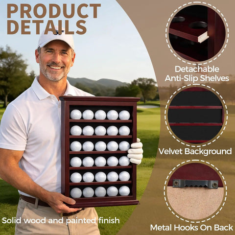 Man holding Solid Wood Golf Ball Display Case Open Design No Door Wall Rack Cabinet For 30 Balls In Rich Mahogany Finish