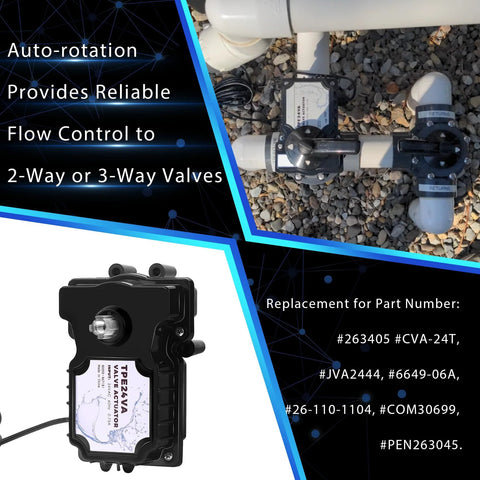 TPE24VA 24V pool valve actuator, black plastic unit installed on PVC piping with two inline valves