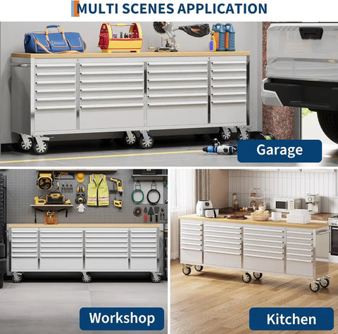 96 inch rolling tool chest with 24 drawers for serious DIYers and pro shops, solid rubber wood workbench top, locking wheels and key lock, mobile garage storage cabinet built for workshop organization, silver, shown in garage, workshop, and kitchen settings