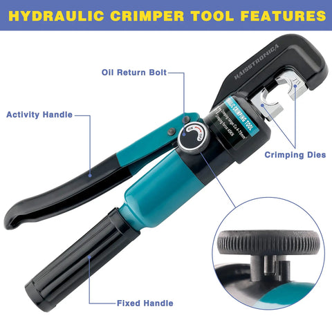 Close-up of Beefy Hydraulic Battery Lug Crimping Tool Kit With 9 Die Sets For AWG 12 To 2/0, showing features and crimping dies.