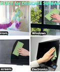 Eco-Fused microfiber cleaning cloths for delicate surfaces; green cloth used on mirrors, windows, TV screens, and electronics.