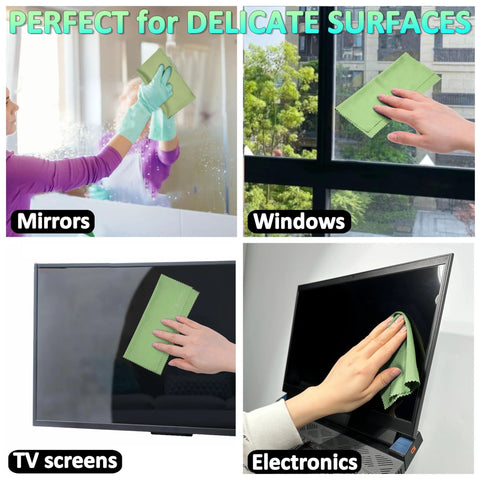 Eco-Fused microfiber cleaning cloths for delicate surfaces; green cloth used on mirrors, windows, TV screens, and electronics.