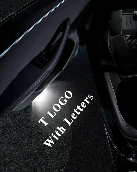 Car door open at night with "T LOGO With Letters" projected on the ground, 4K Car Door Lights Logo Projector Kit For Tesla Models Y X S 3.