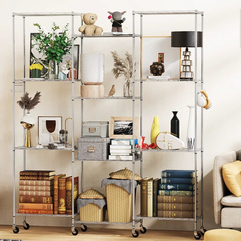 Premium Heavy Lifter 2 Pack 6 Tier Wire Shelving Units With Easy Roll Casters And Rust Free Hooks For No Sweat Home And Garage Organization Flexible Rack Setup