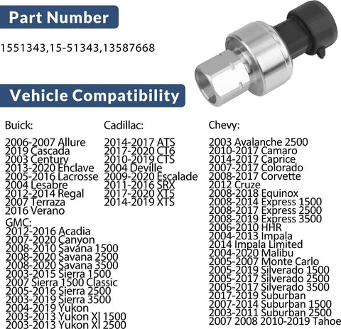AC Pressure Sensor Switch Compatible With Chevy Suburban Tahoe GMC Sierra Buick Cadillac Pontiac Saturn Isuzu Hummer Oldsmobile Saab 2002 2021 HVAC Pressure Transducer Replaces 13587668