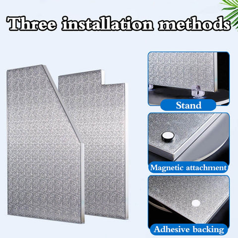 Heat Insulation Board For Kitchen Safety with flame resistant shield showing stand, magnetic attachment, and adhesive backing methods.