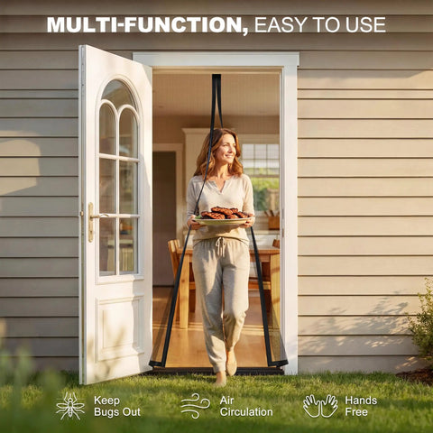 Woman holding tray walking through Beefed Up Magnetic Screen Door For 32 By 80 Inch Opening 34 By 81 Inch Mesh Fits Front Back Doors