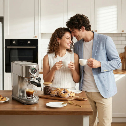 Pro Grade Espresso Machine With Milk Frother And Cappuccino Maker For Home Baristas Adjustable Temperature And Cup Size Built In Display Pressure Gauge Stainless Steel Body on a kitchen counter with a couple enjoying coffee