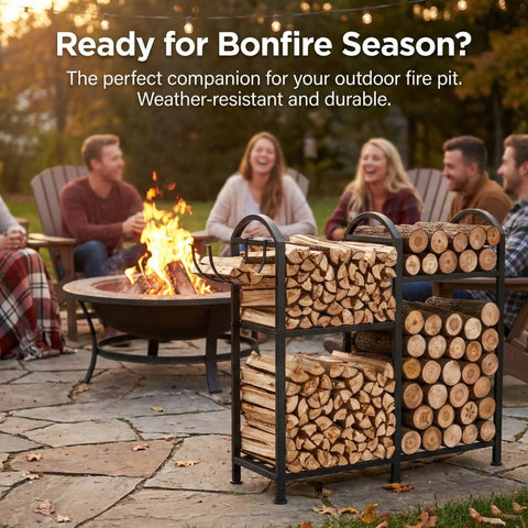 Heavy Duty 31 Inch Firewood Rack With Hooks 2-Tier Log Holder For Indoor Or Outdoor Use by fire pit
