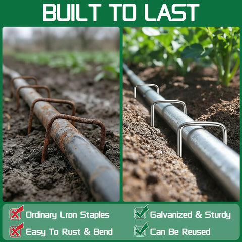 Before and after comparison of rusted iron staples and Heavy Duty Galvanized Garden Stakes 5 Inch 25 Pack With Anti Rust Ground Pins