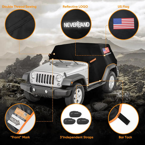 Jeep 2 Door Cab Cover For 2007 2025 Waterproof Oxford Car Cover With Reflective Strip and logos on a Jeep Wrangler in rocky terrain