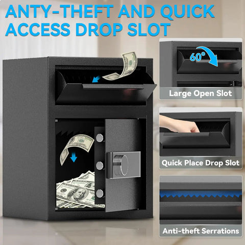 Heavy Duty Fireproof Deposit Safe With Front Drop Slot And Digital Combination Lock For Cash And Important Documents Silent Security Safe Box For Home Office Or Small Biz with large open slot and anti-theft serrations.