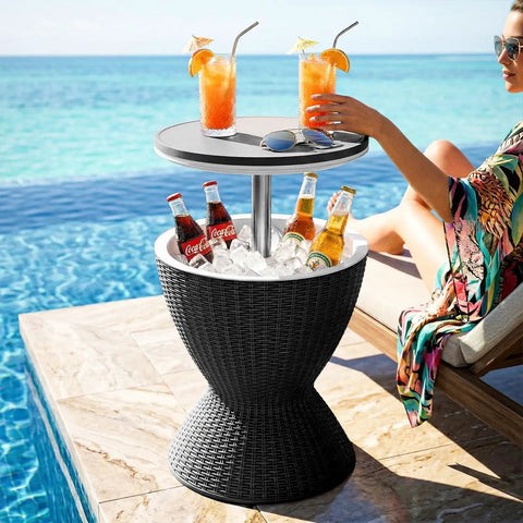 8 Gallon Cooler Bar Table With Adjustable Height 3 In 1 Outdoor Cooler Coffee Table And Bar Stand For Backyard Pool Patio BBQs And Parties Drain Plug Black with drinks and ice by a pool