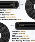 Brass DOT Air Line Fittings Kit With Fifty Feet Of One Quarter Inch And Thirty Two Point Eight Feet Of Three Eighth Inch Air Lines For Semi Trucks And Industrial Air Systems Pro Grade NPT Threads Quick Connect Fittings Tee Elbows Push And Union showing polyamide nylon hoses with specifications