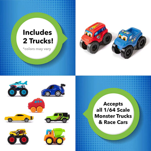 Monster City Extreme Wheels Race Track Table For Kids packaging with two monster trucks and various toy vehicles.