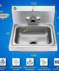 Stainless Steel Wall Mount Hand Sink 17x15 Inches With Strainer And Faucet, Commercial Grade NSF Certified, Rust Resistant 304 Steel