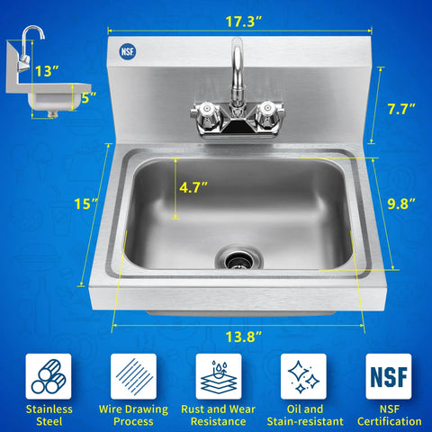Stainless Steel Wall Mount Hand Sink 17x15 Inches With Strainer And Faucet, Commercial Grade NSF Certified, Rust Resistant 304 Steel