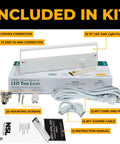 Under Cabinet Lighting Kit With 3 CCT 2700K 3000K 4000K, 12 Inch White Finish, Dimmable And Linkable Undercounter Lights For Kitchen, Hardwired Or Plug In, No-Fuss Easy Install Direct Wire Fixture items included such as LED task light, connectors, cord, and manual.