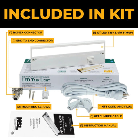 Under Cabinet Lighting Kit With 3 CCT 2700K 3000K 4000K, 12 Inch White Finish, Dimmable And Linkable Undercounter Lights For Kitchen, Hardwired Or Plug In, No-Fuss Easy Install Direct Wire Fixture items included such as LED task light, connectors, cord, and manual.