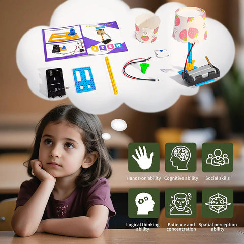 Eight Independent Electric Light Circuit Science Kits For Kids Ages 8 To 12, Easy To Assemble, No Tools Needed, Hands On STEM Fun With Step By Step Guides, Kid Tested And Classroom Or Home Ready. Child with electric table lamp circuit kit
