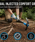 Person using 5 Lb Carbon Steel Head Mattock With 36 Inch Dual Injected Fiberglass Handle for heavy duty yard work on tough ground.