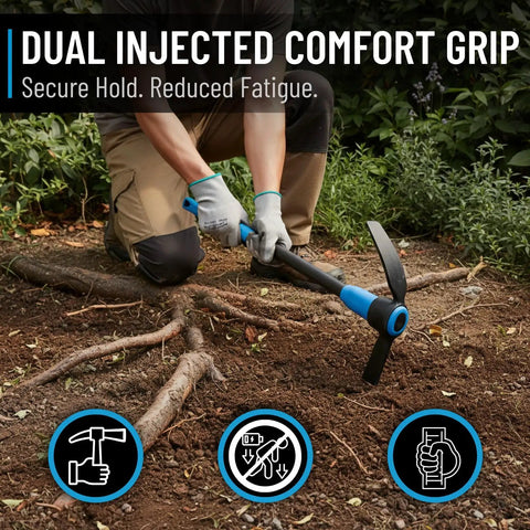 Person using 5 Lb Carbon Steel Head Mattock With 36 Inch Dual Injected Fiberglass Handle for heavy duty yard work on tough ground.