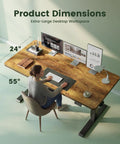 Top view of Rustic Brown 55 By 24 Inch Electric Standing Desk With Smooth Height Adjustment showing setup and user seated.