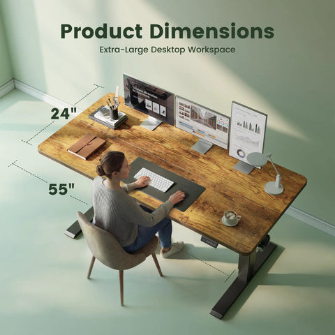 Top view of Rustic Brown 55 By 24 Inch Electric Standing Desk With Smooth Height Adjustment showing setup and user seated.