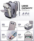 Open gray 40L travel backpack for women with 3 packing cubes, showing laptop compartment, water-resistant compartments, and organization pockets.