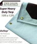 Image of Super Heavy Duty 10ft x 12ft reversible tarp, white and brown, with 16 mil thickness and brass grommets for industrial use.