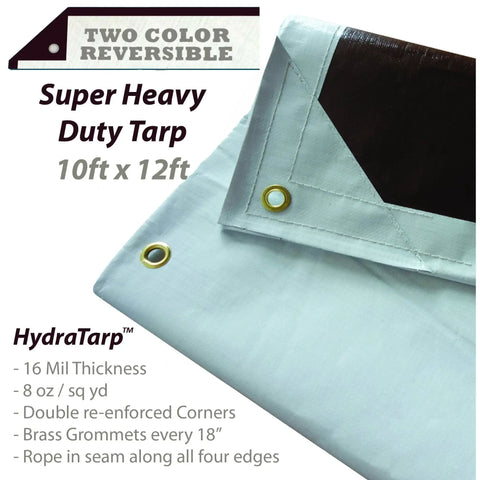Image of Super Heavy Duty 10ft x 12ft reversible tarp, white and brown, with 16 mil thickness and brass grommets for industrial use.