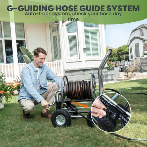 Man using Heavy Duty Garden Hose Reel Cart With Wheels outdoors, highlighting pre-installed guide for industrial grade hose storage.